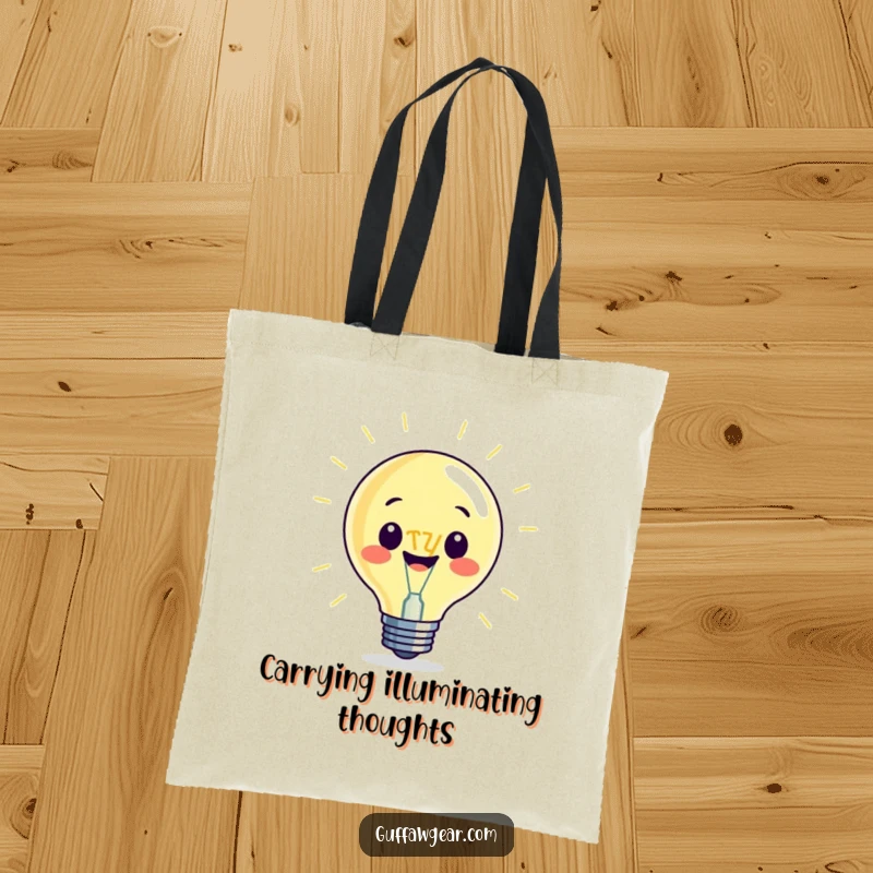 Funny tote bag featuring a beaming lightbulb character with an oversized filament, ideal for carrying items and showcasing bright ideas.