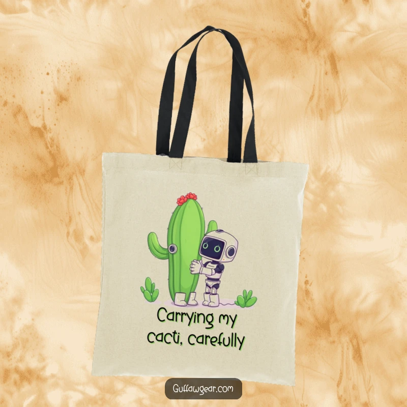 Funny tote bag illustrating a miniature robot's enthusiastic embrace of a towering, spiky cactus, symbolizing bold, funny attempts.
