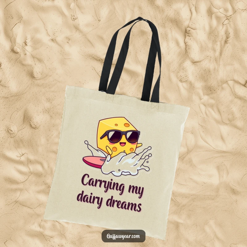 Funny Kawaii cheese surfer on a milk wave, a durable and humorous tote bag for everyday use and gifting.