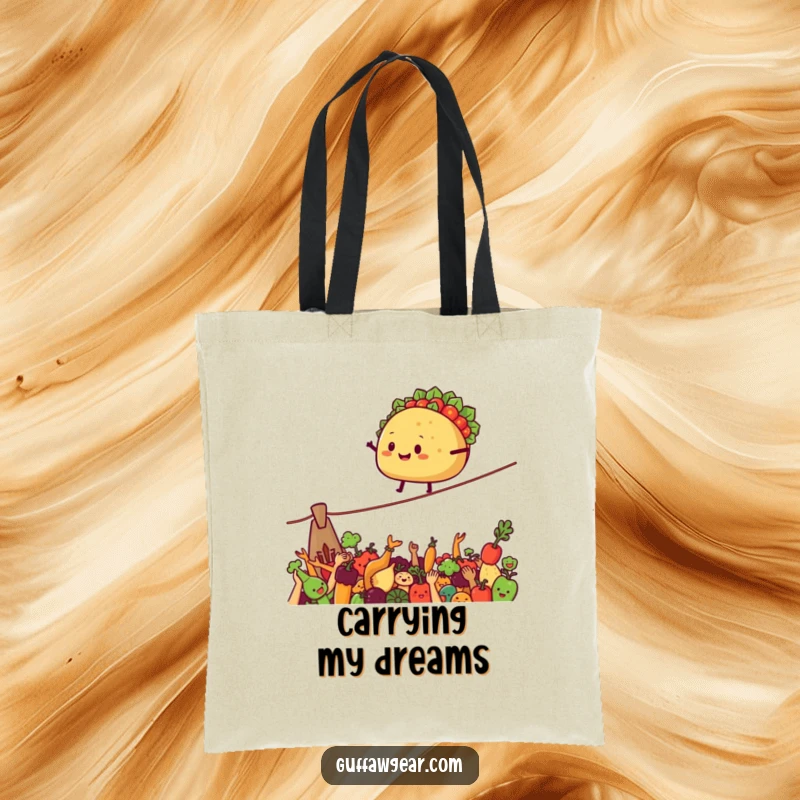Funny Tote Bag illustrating a smiling taco on a tightrope over cheering vegetables, great for grocery runs.