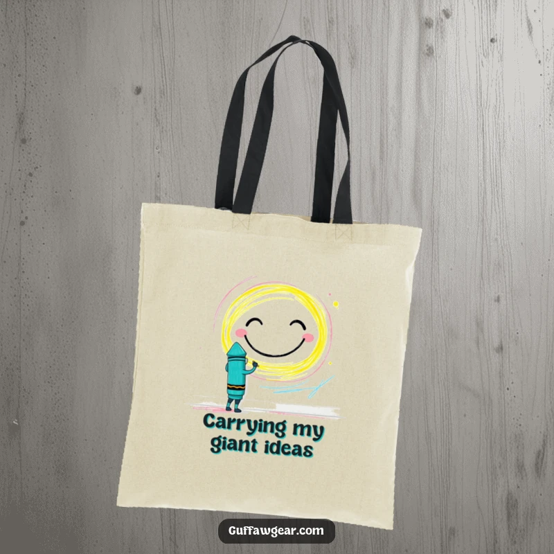 Funny Crayon Tote Bag: A brave crayon character drawing a massive smiley face on a wall, perfect for carrying art supplies.