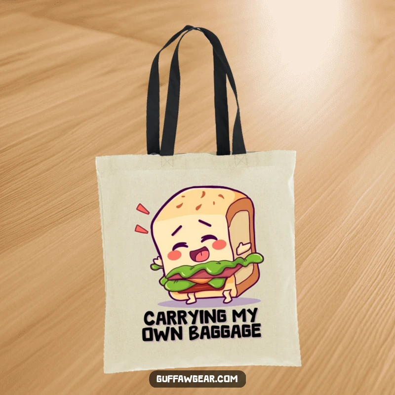 Funny tote bag with a talking sandwich character tripping over its crust, great for carrying items with food-themed humor.