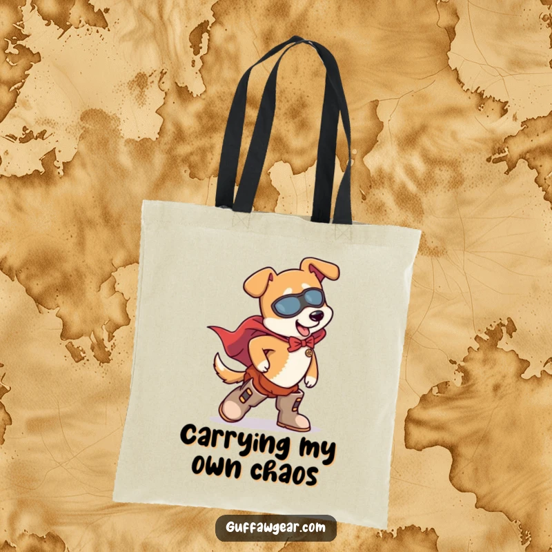 Funny Dog Superhero Tote Bag: A dog in a superhero cape comically trips over its own oversized boots.