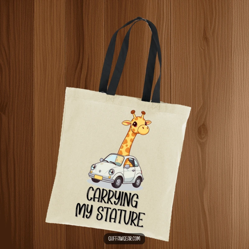 Funny tote bag with a giraffe awkwardly crammed into a tiny car, ideal for carrying items with a humorous touch.