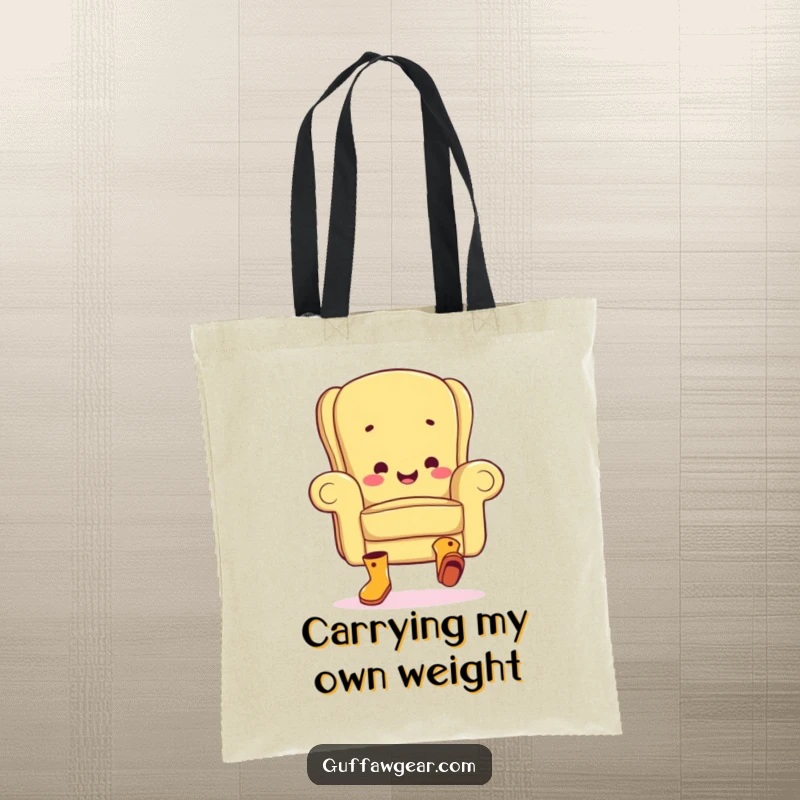 Funny tote bag featuring a happy armchair wearing boots and doing a clumsy jig, perfect for carrying groceries with a side of humor.