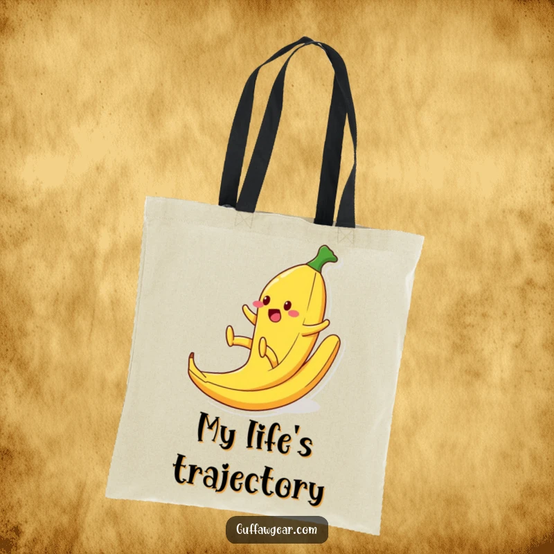Funny tote bag illustrating a food character spectacularly slipping on a banana peel, legs up in the air, a scene of pure slapstick comedic gold.