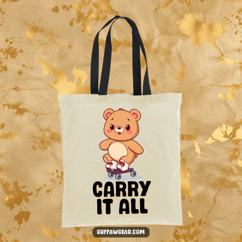 Funny tote bag showcasing a smiling bear gleefully roller skating, despite wobbling. Ideal for carrying smiles.