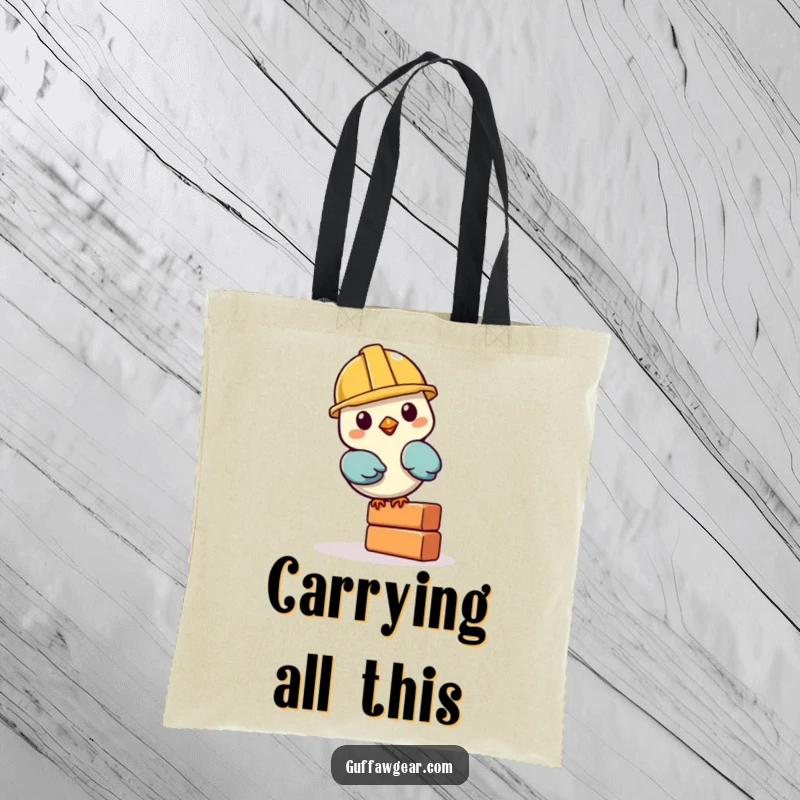 Funny Bird Construction Tote Bag: A bird with a miniature helmet precariously balances a brick, designed for humorous, everyday use.