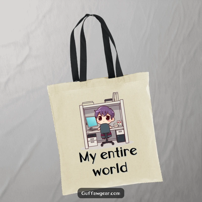 Funny character tote bag illustrating someone awkwardly squeezed into a tiny office cubicle, ideal for carrying items with a humorous twist.