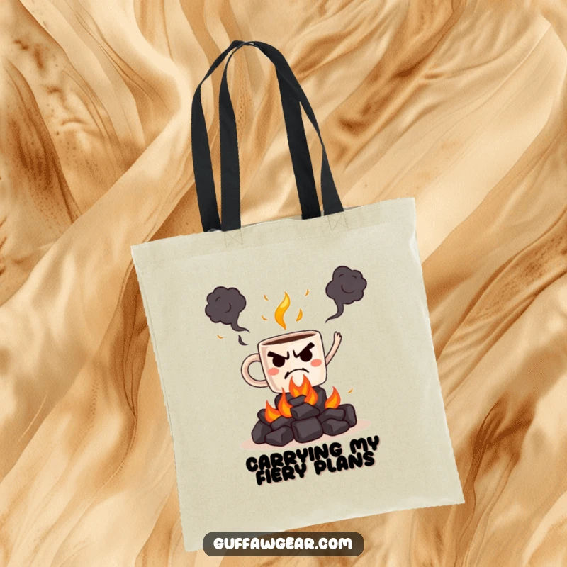Funny tote bag with a scowling coffee mug attempting to juggle glowing hot coals, a humorous accessory for carrying essentials.
