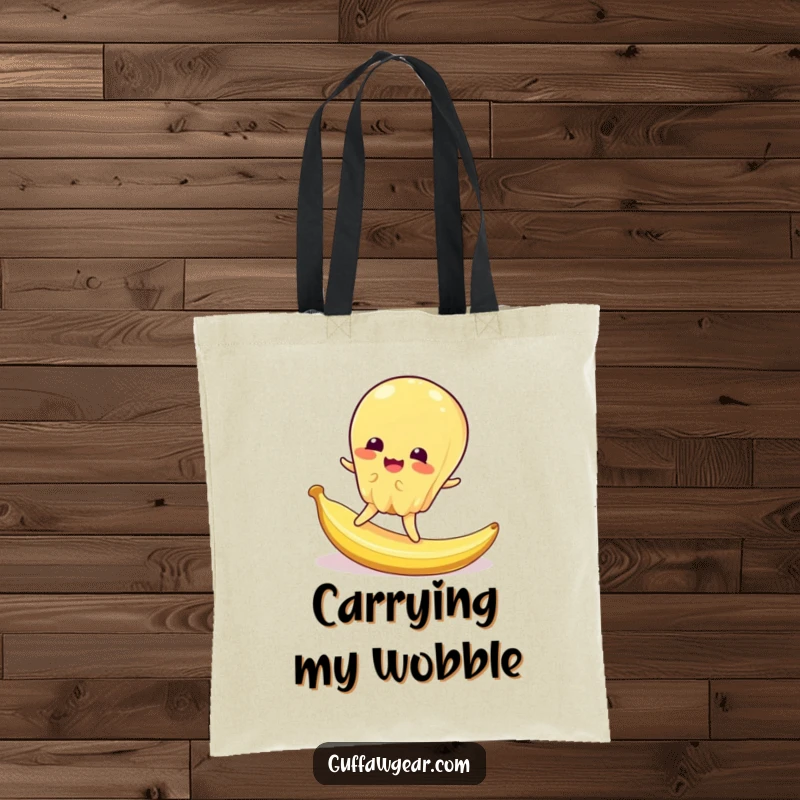 Funny tote bag illustrating a wobbly jelly character hilariously slipping on a tiny banana peel, perfect for carrying laughter.