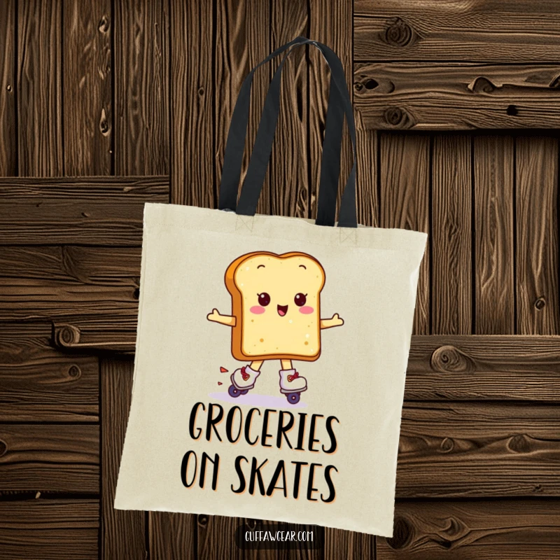 Funny Kawaii toast wearing roller skates attempting a spin, a humorous tote bag for everyday use.