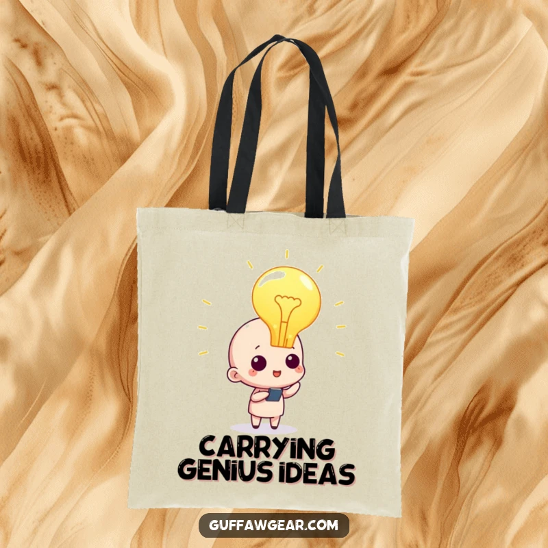 Funny character tote bag with a large illuminated lightbulb above, symbolizing a fantastic idea and carrying brilliance everywhere.
