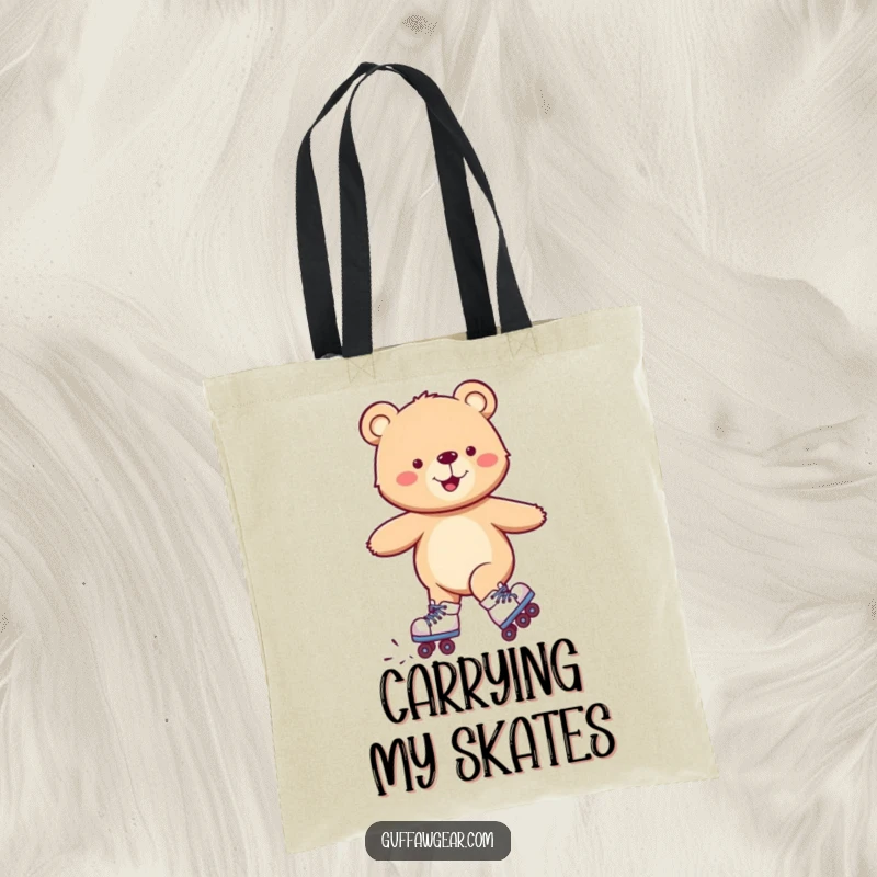 Funny tote bag with a smiling bear wearing roller skates, comically wobbling but happy, practical for shopping.