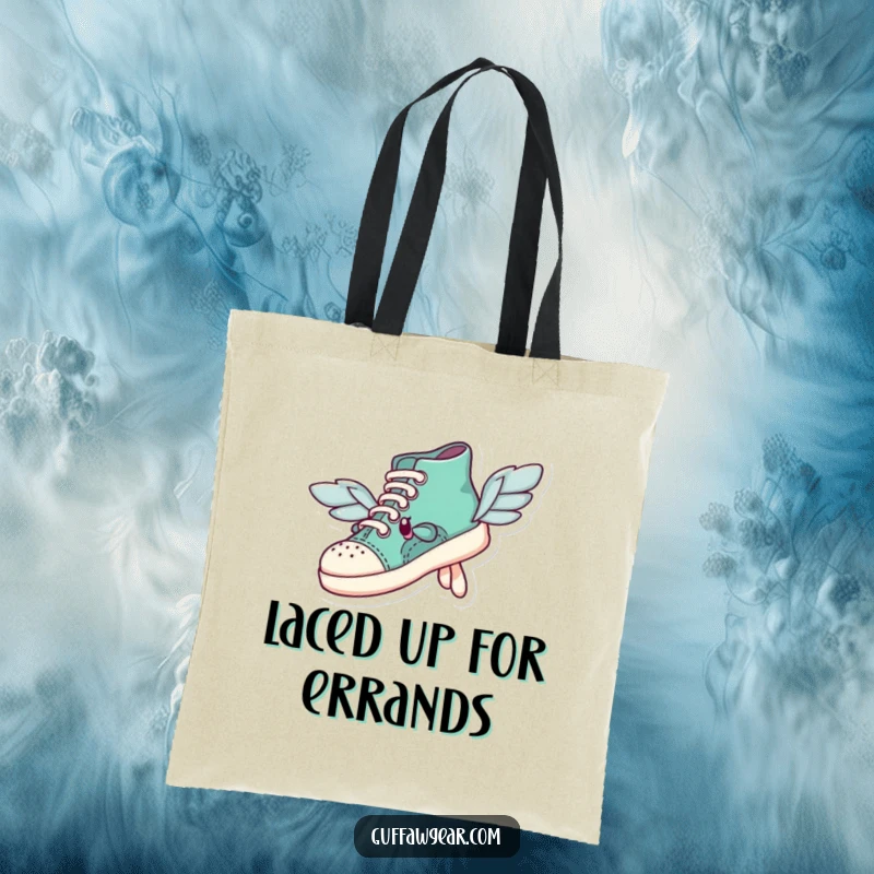 Funny shoe character with mismatched wings comically attempting flight on a tote bag, perfect for carrying essentials with humor.