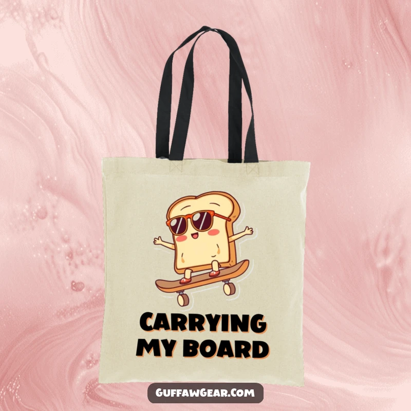 Funny tote bag featuring a slice of toast wearing sunglasses, riding a skateboard, perfect for carrying essentials with a humorous and cool breakfast theme.