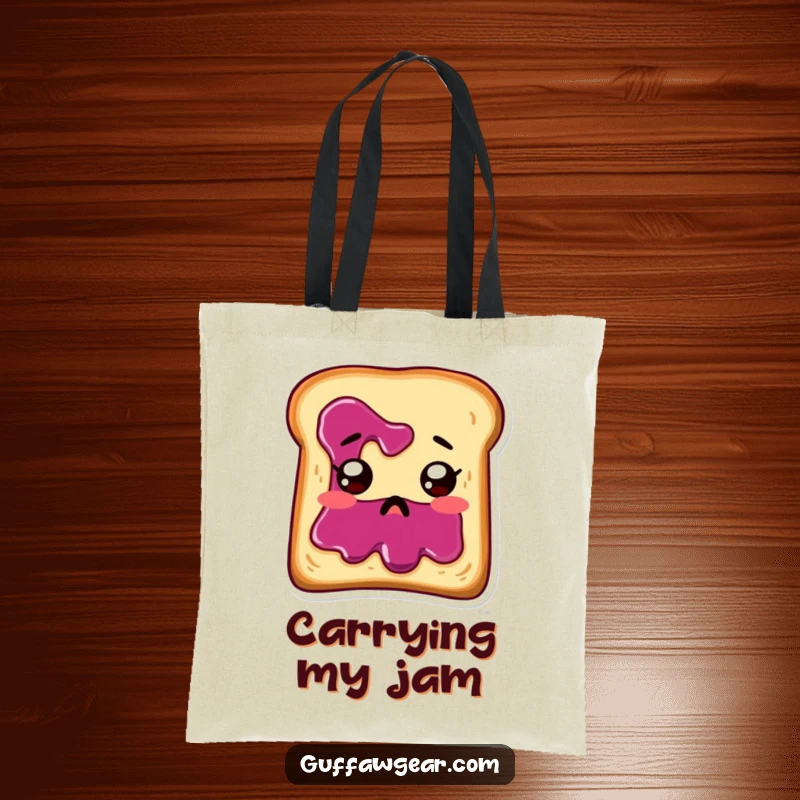 Funny toast with jam running down its face, looking startled, on a durable tote bag.