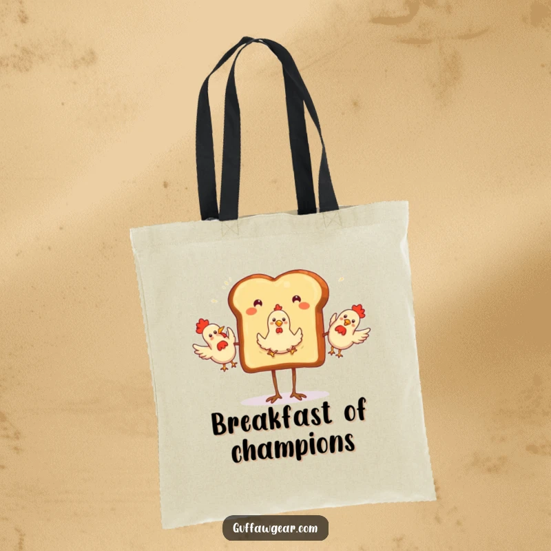 Funny Tote Bag with a toast slice on legs, hilariously juggling three rubber chickens, perfect for carrying items with comedic flair.