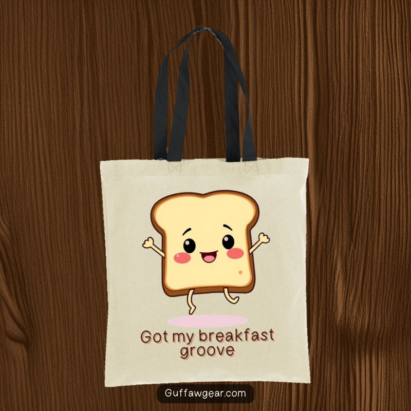 Funny slice of toast with legs doing a frantic dance on a tote bag, ideal for carrying essentials with a dose of breakfast fun.