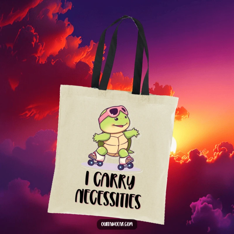 Funny Turtle Roller Skate Tote Bag: A turtle comically slides on roller skates, designed for humorous everyday use and carrying.