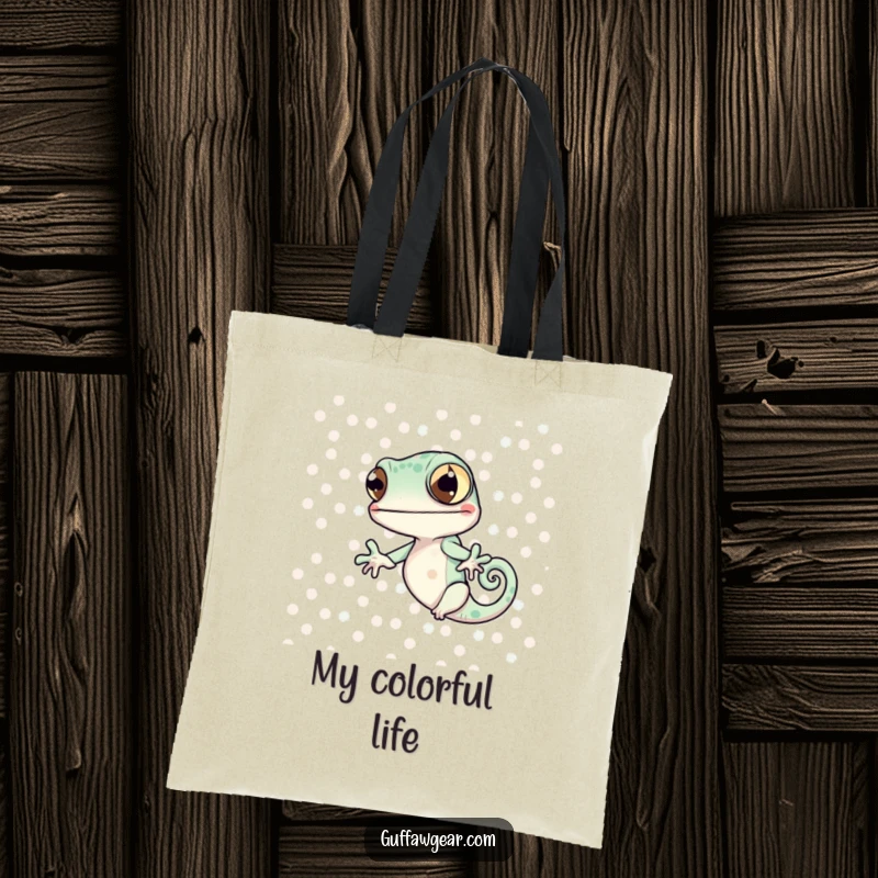 Funny Chameleon Pattern Tote Bag: A chameleon comically fails to blend with polka dots, designed for humorous, everyday carrying.