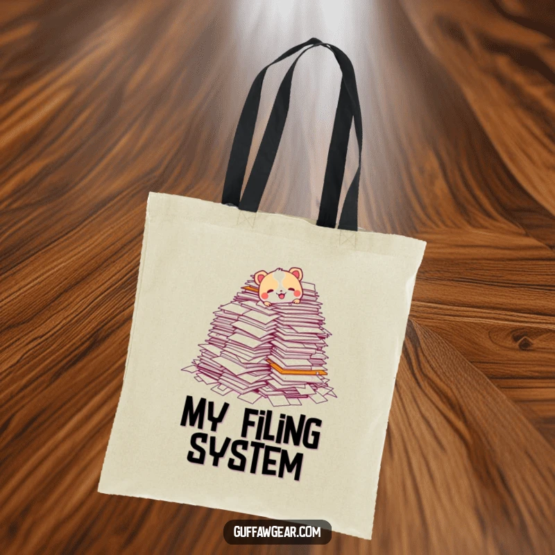 Funny tote bag featuring an animal character tripping over a large stack of papers, a humorous representation of administrative overload.